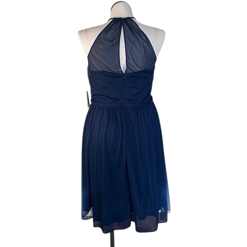 NWT Marina cocktail dress Blue Rhinestone detail belt sheer overlay Sz 16 - Picture 7 of 12